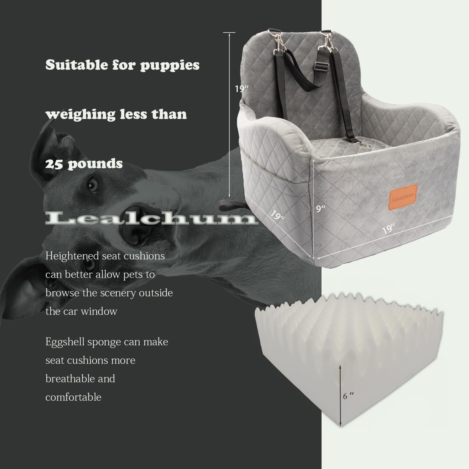 Lealchum dog booster seat gray side view highlights stability with adjustable straps.