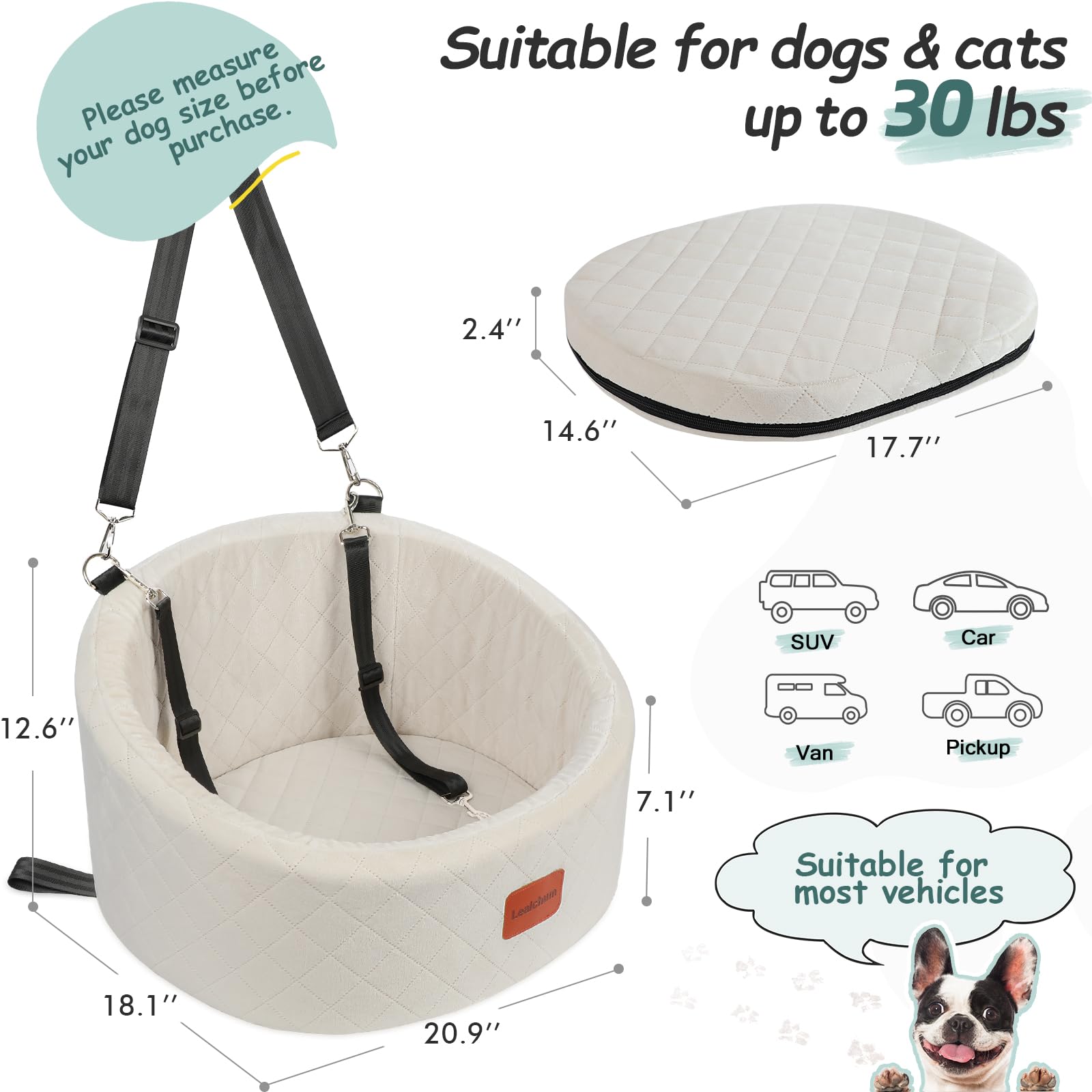 Lealchum dog car seat memory foam cushion for support on trips