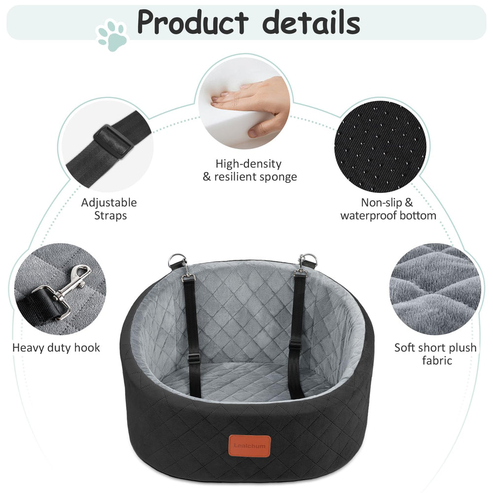 Lealchum dog car seat side view shows integrated safety leash for secure travel.