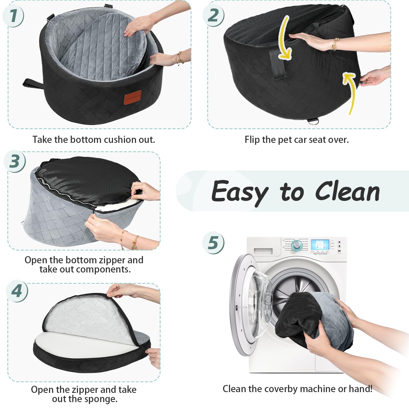 Lealchum dog car seat washable-cover shows machine-washable design for quick cleanup.