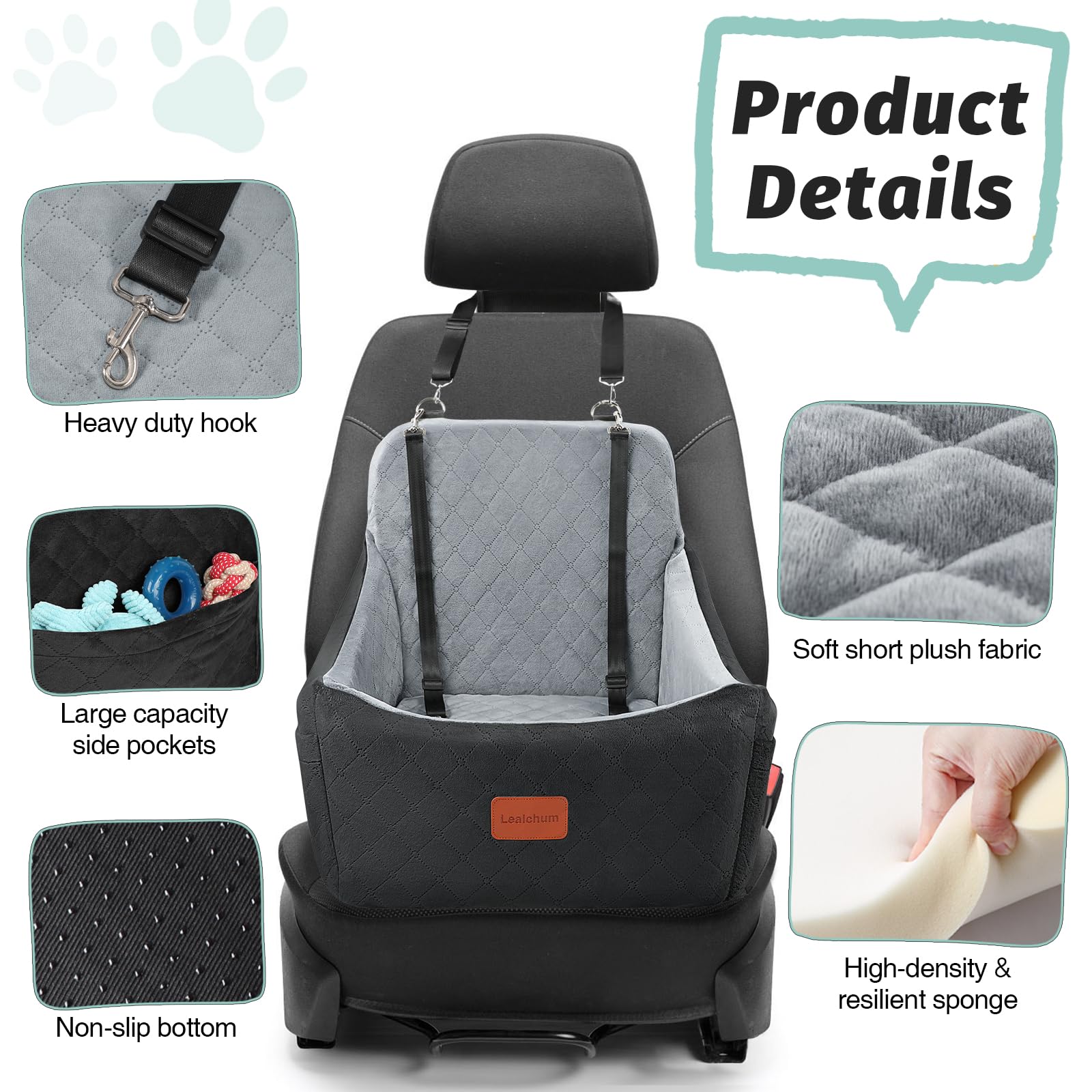 Lealchum dog car seat side grey view demonstrates secure fit with adjustable straps