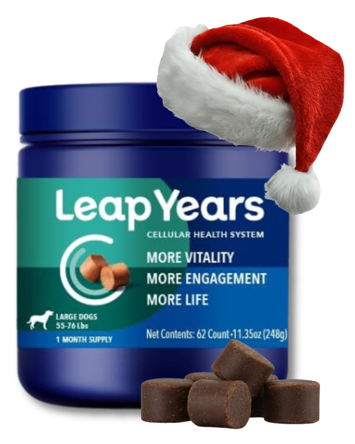 Leap Years soft chew bottle front, NAD-based aging support for dogs.
