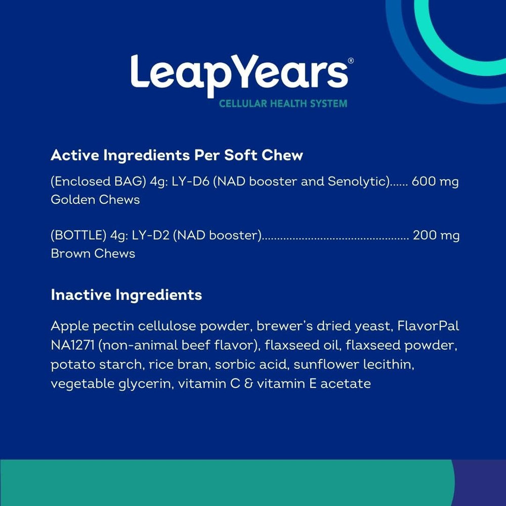 Leap Years vet-formulated dog supplement packaging, trusted USA-made GMP manufacturing.
