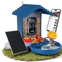 Leapbird bird feeder camera in backyard view captures active birds for easy observation.