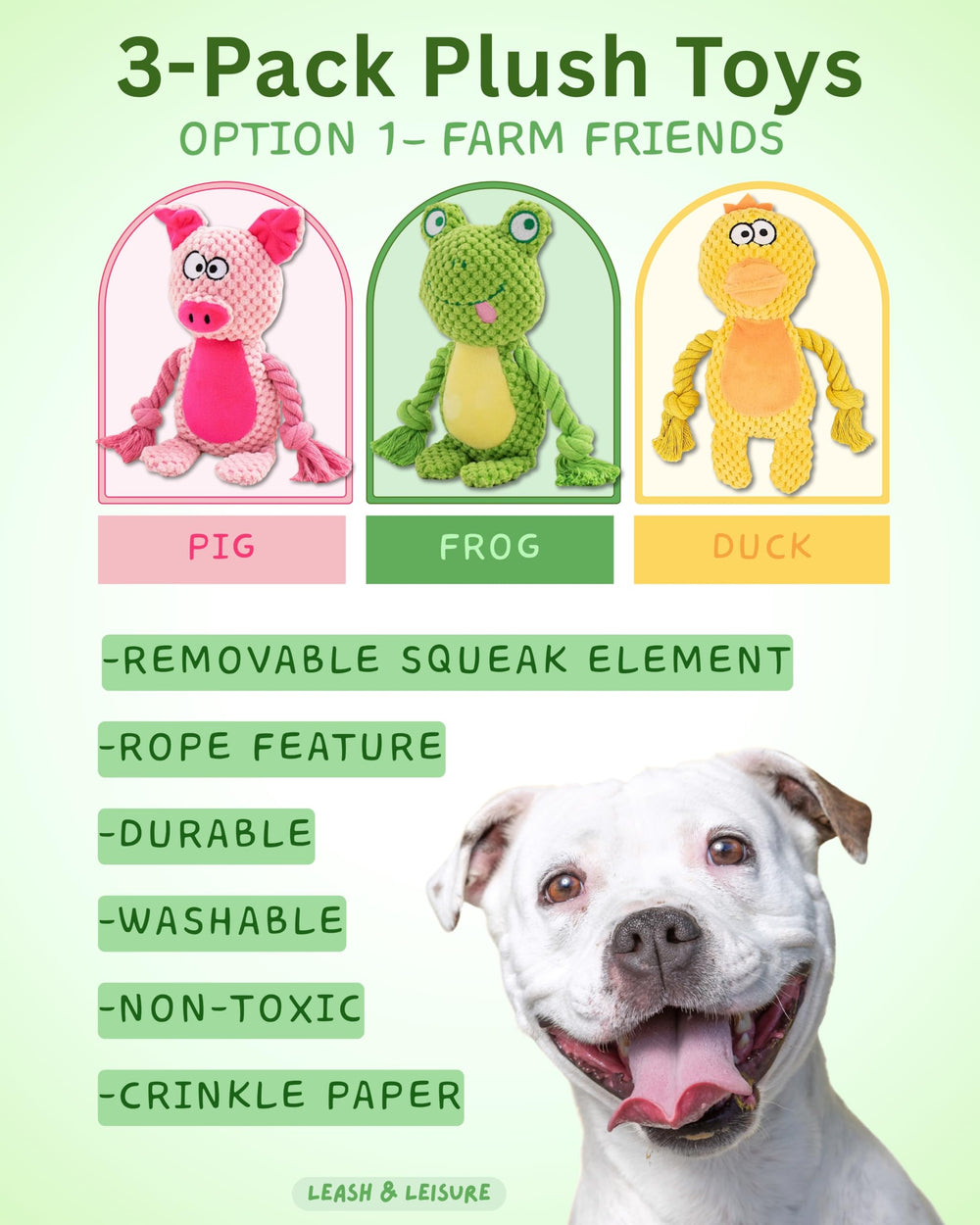 Leash and Leisure Farm Friends pig toy with squeaker for interactive playtime