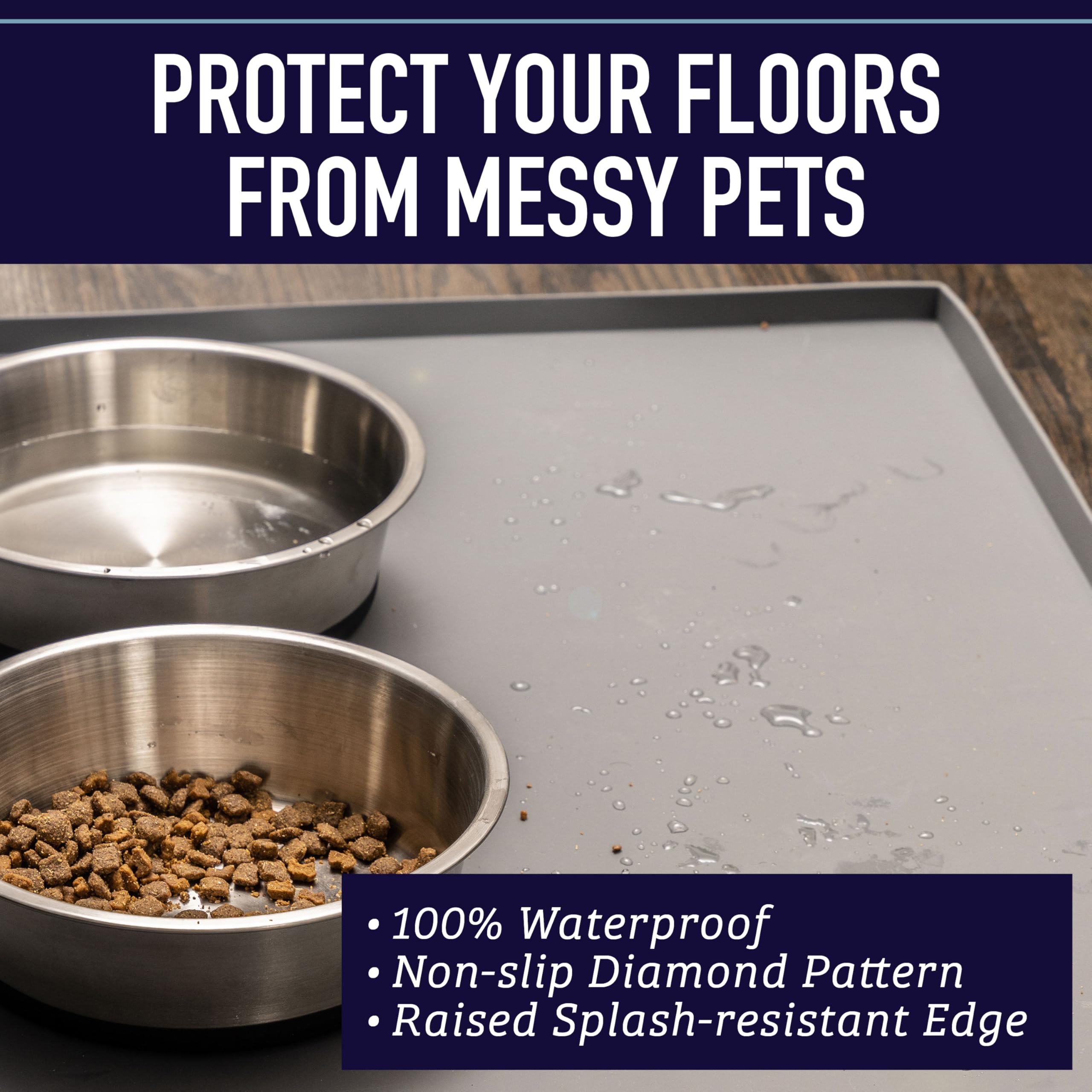 Leash Boss dishwasher-safe mat closeup shows easy cleaning after meals