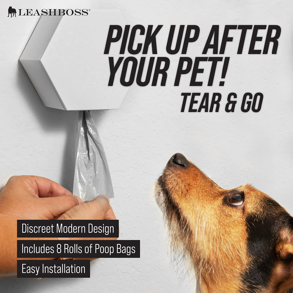 Leash Boss hexagon design close-up shows compact, space-saving bag storage.