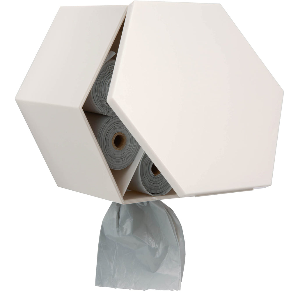 Leash Boss wall-mount dispenser front view enables doorstep bag access for quick cleanup.