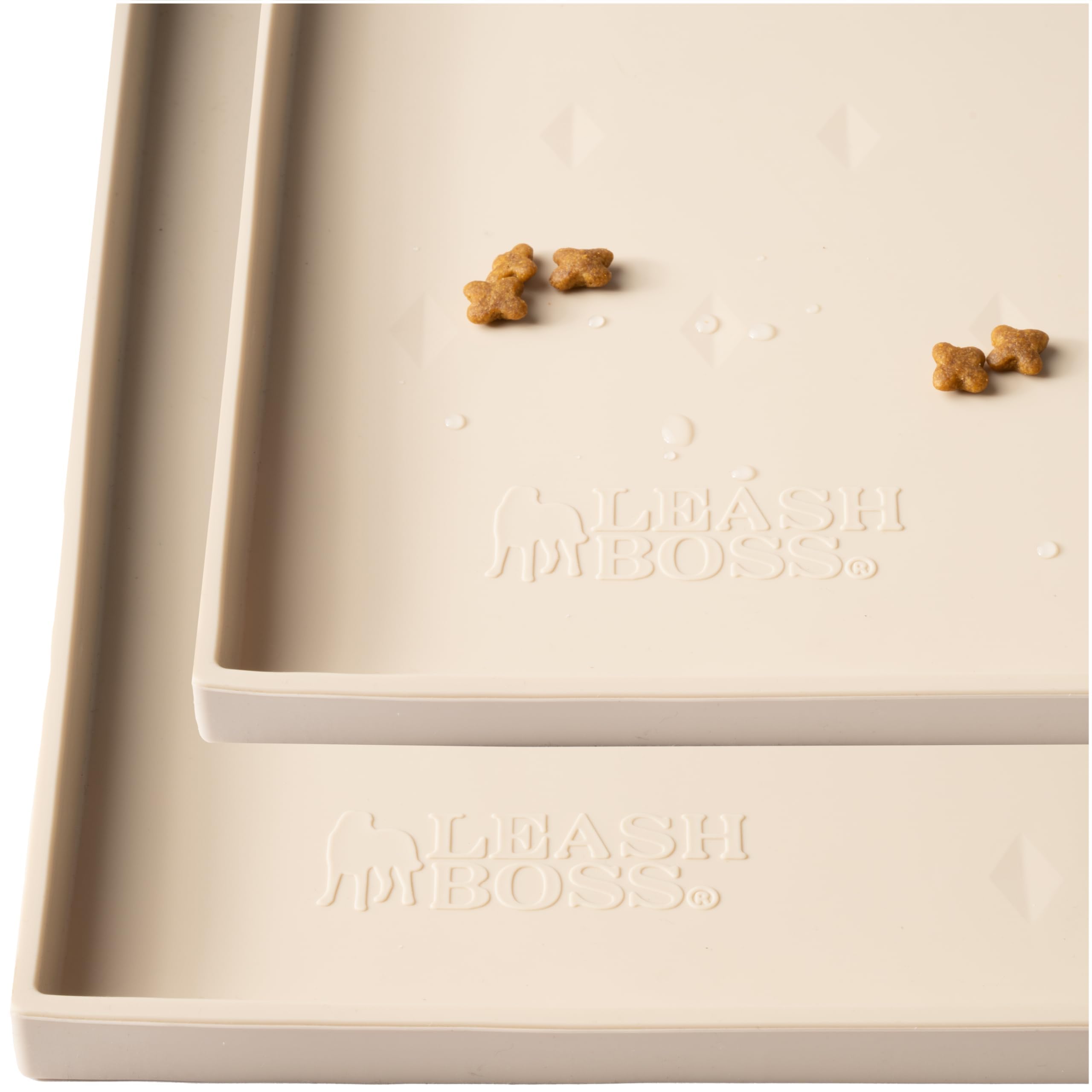 Leash Boss dog food mat 2-pack beige keeps bowls tidy during meals
