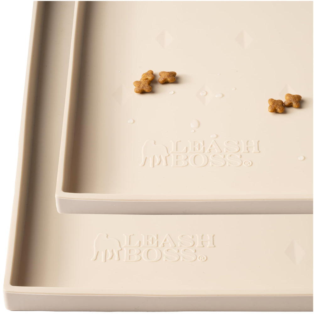 Leash Boss dog food mat 2-pack beige keeps bowls tidy during meals