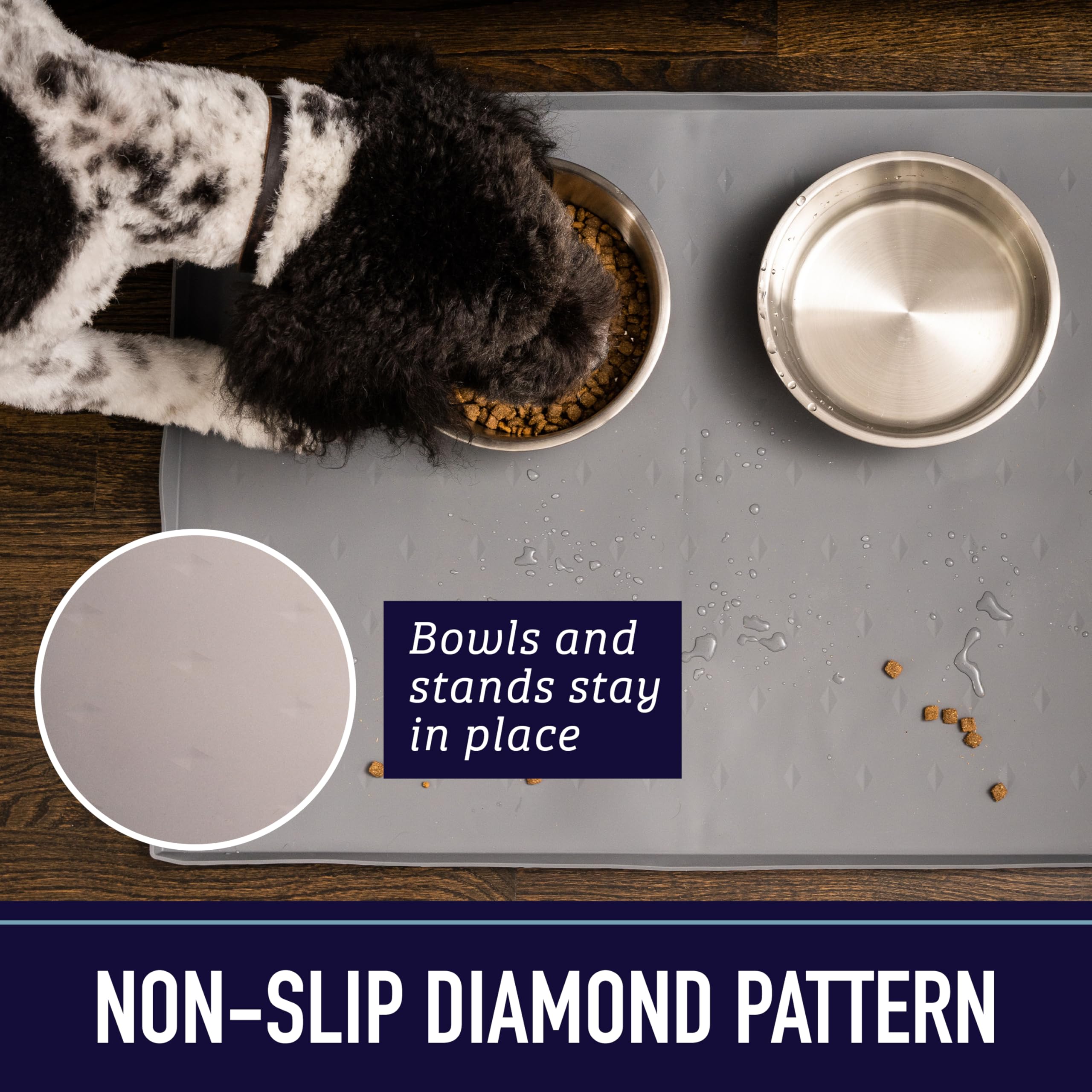 Leash Boss raised-edge tray catches kibble and water, simplifying cleanup after meals.