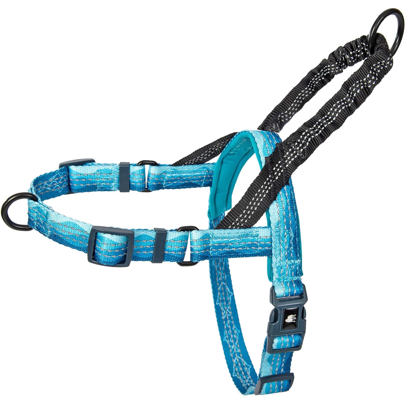 Leash Boss wave-pattern harness front-clip shows a secure front attachment for better control during walks.