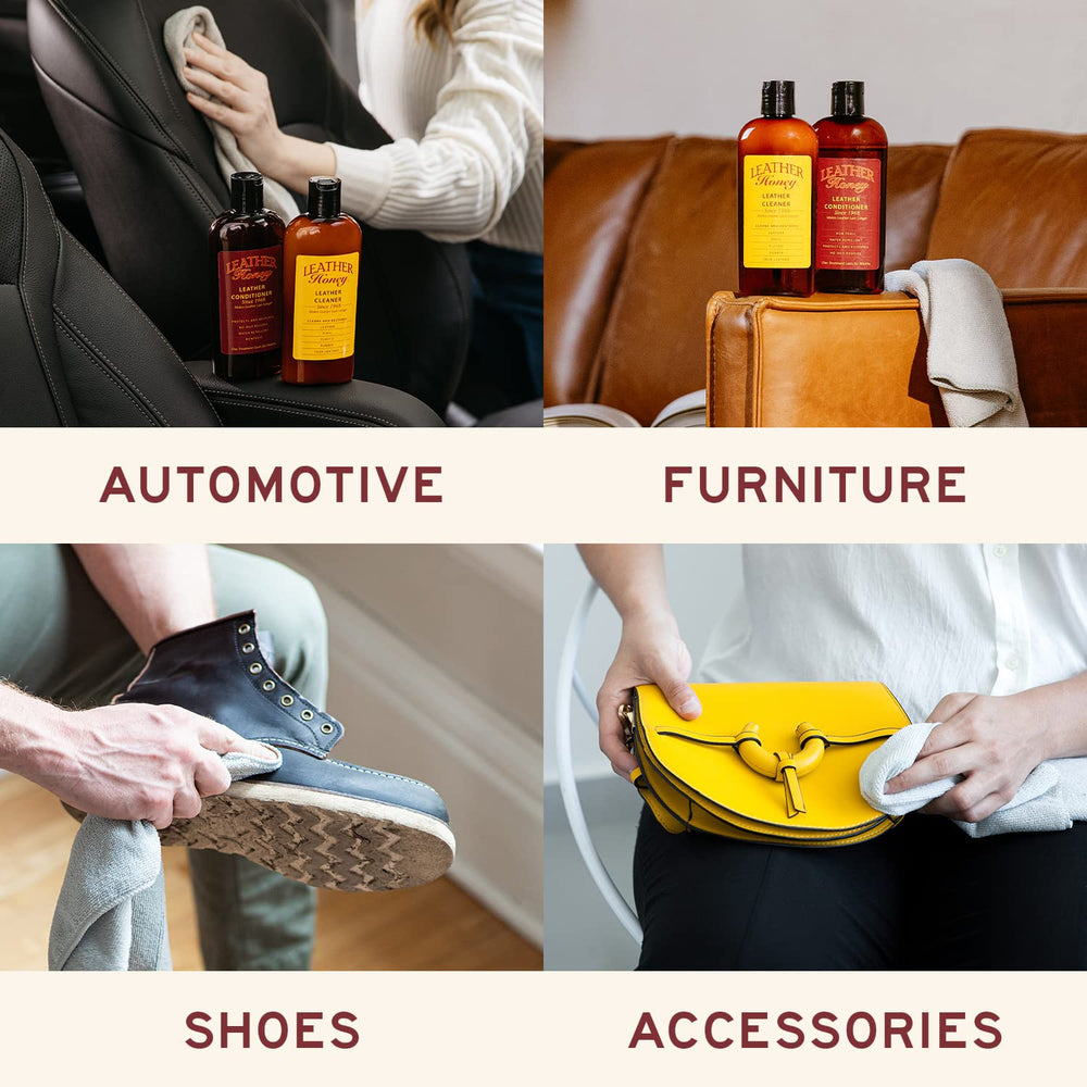 Leather Honey cleaner cloth-application shows easy wipe-on use.