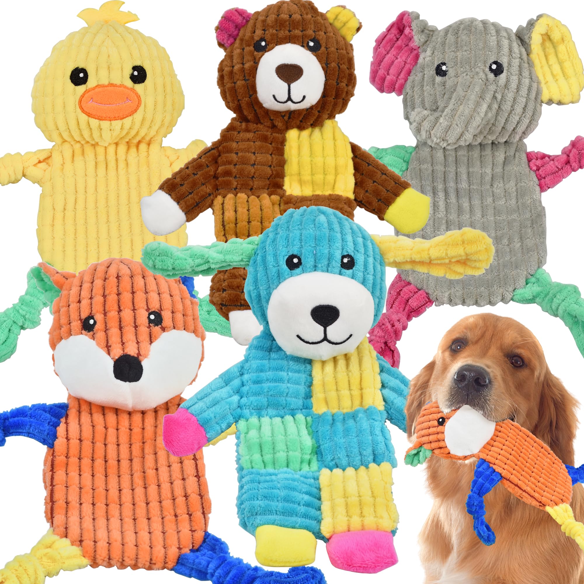 LECHONG 5pcs squeaky dog toys pack shows durable plush variety for dogs of all sizes