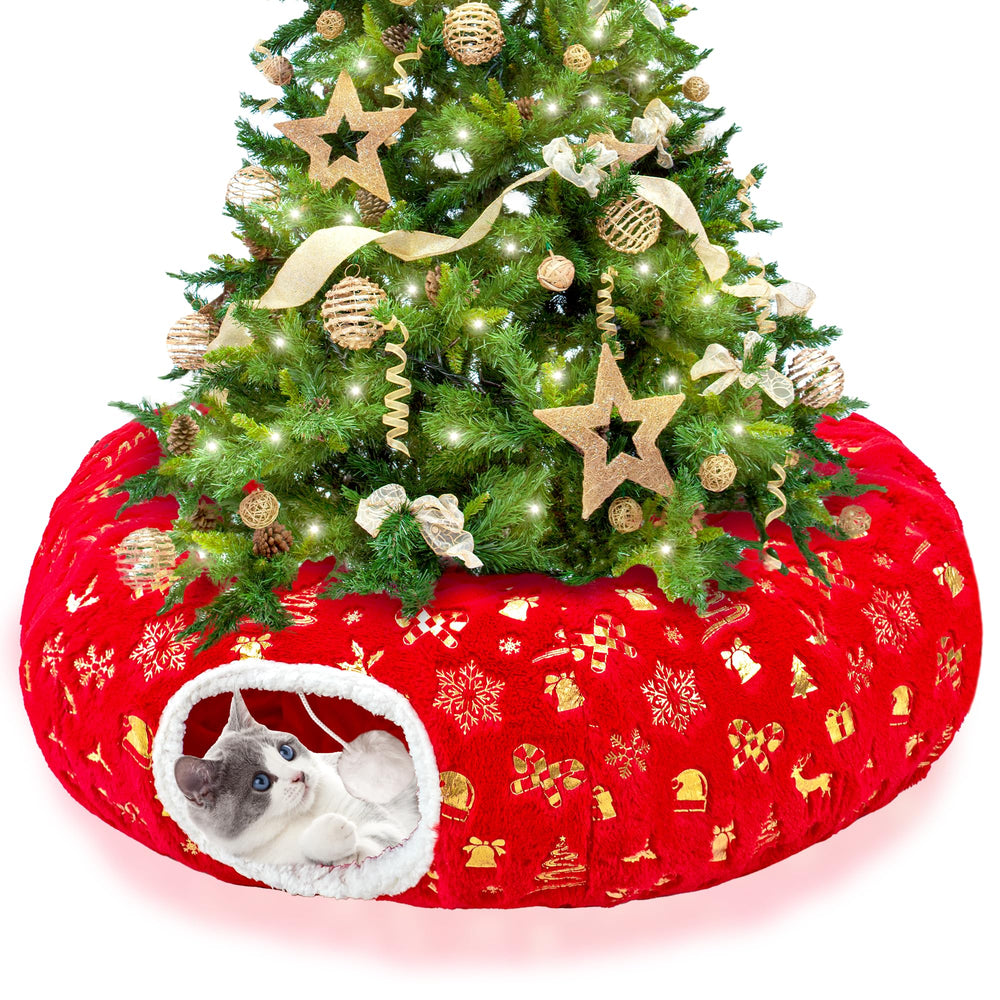 LECHONG cat tunnel under tree with festive skirt promotes playful exploration
