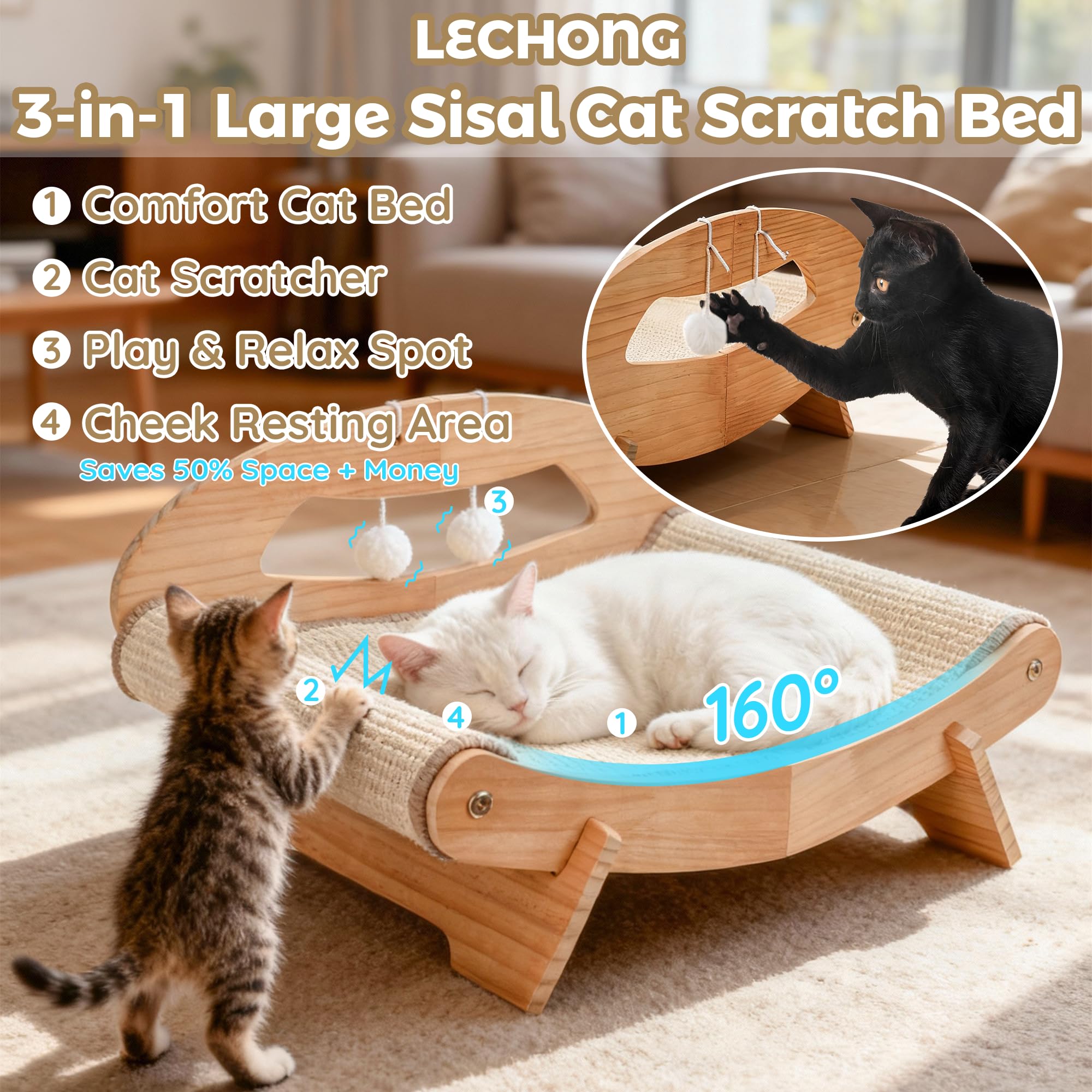 LECHONG elevated wooden frame keeps cat comfortable and feet off chilly floors
