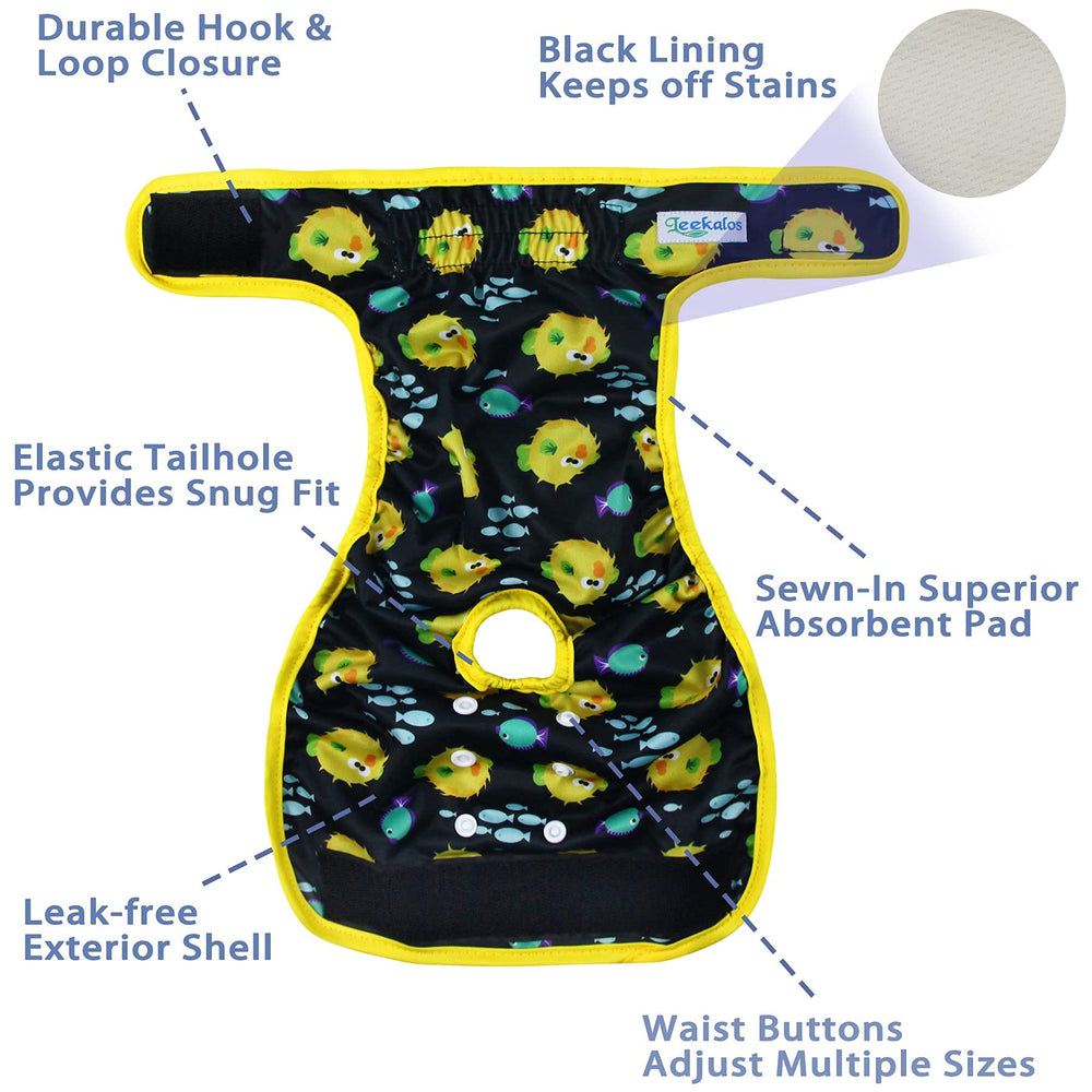 Leekalos diaper highlights absorbent pad and leak-proof shell for protection.
