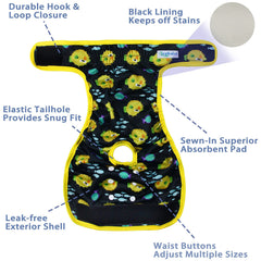 Leekalos diaper highlights absorbent pad and leak-proof shell for protection.