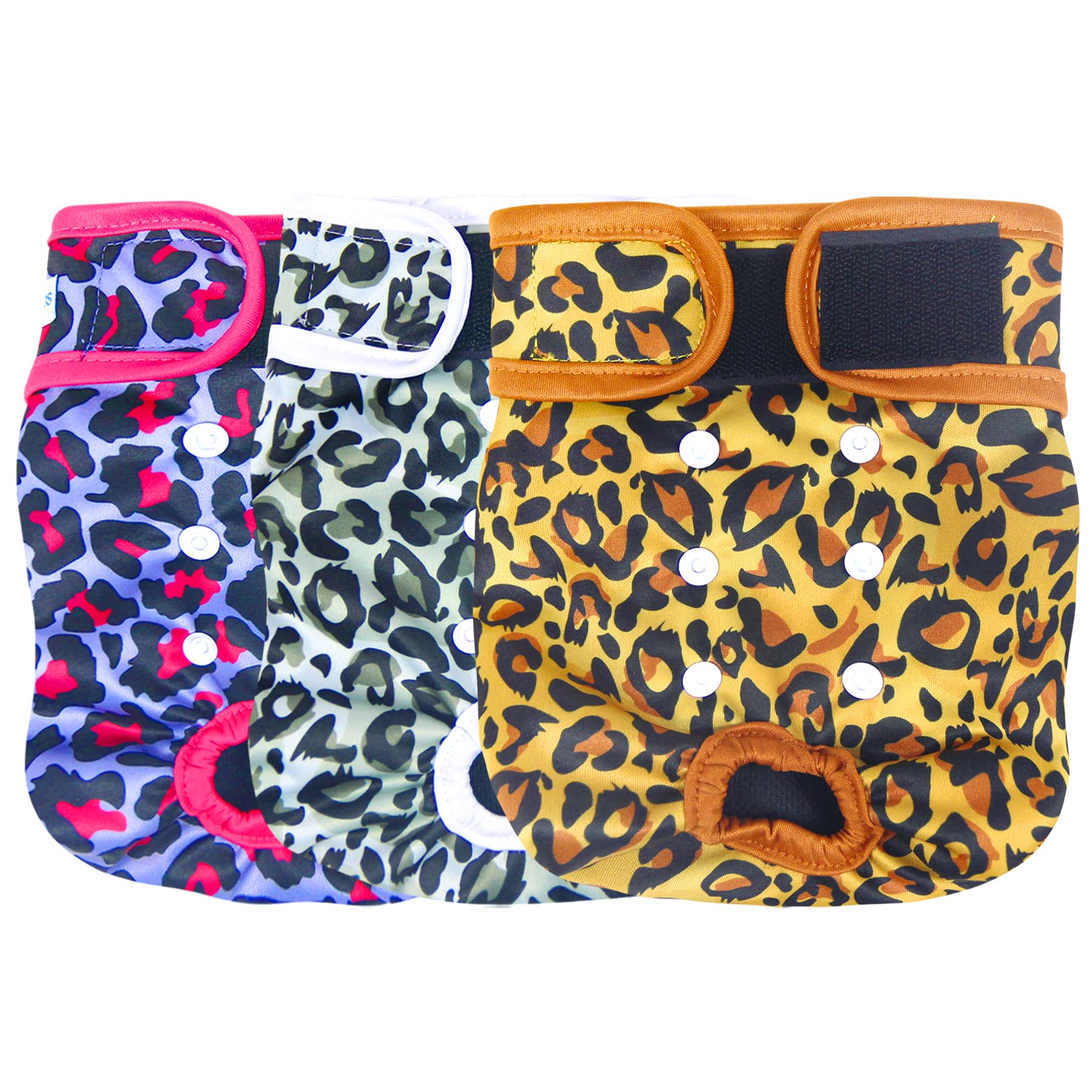 Leekalos dog diapers leopard pack view shows a three-pack with secure, comfortable fit.