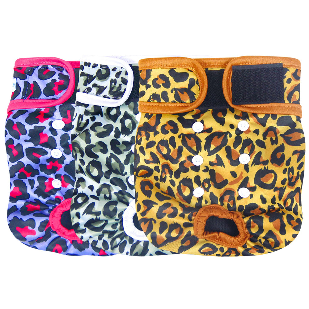 Leekalos dog diapers leopard pack view shows a three-pack with secure, comfortable fit.