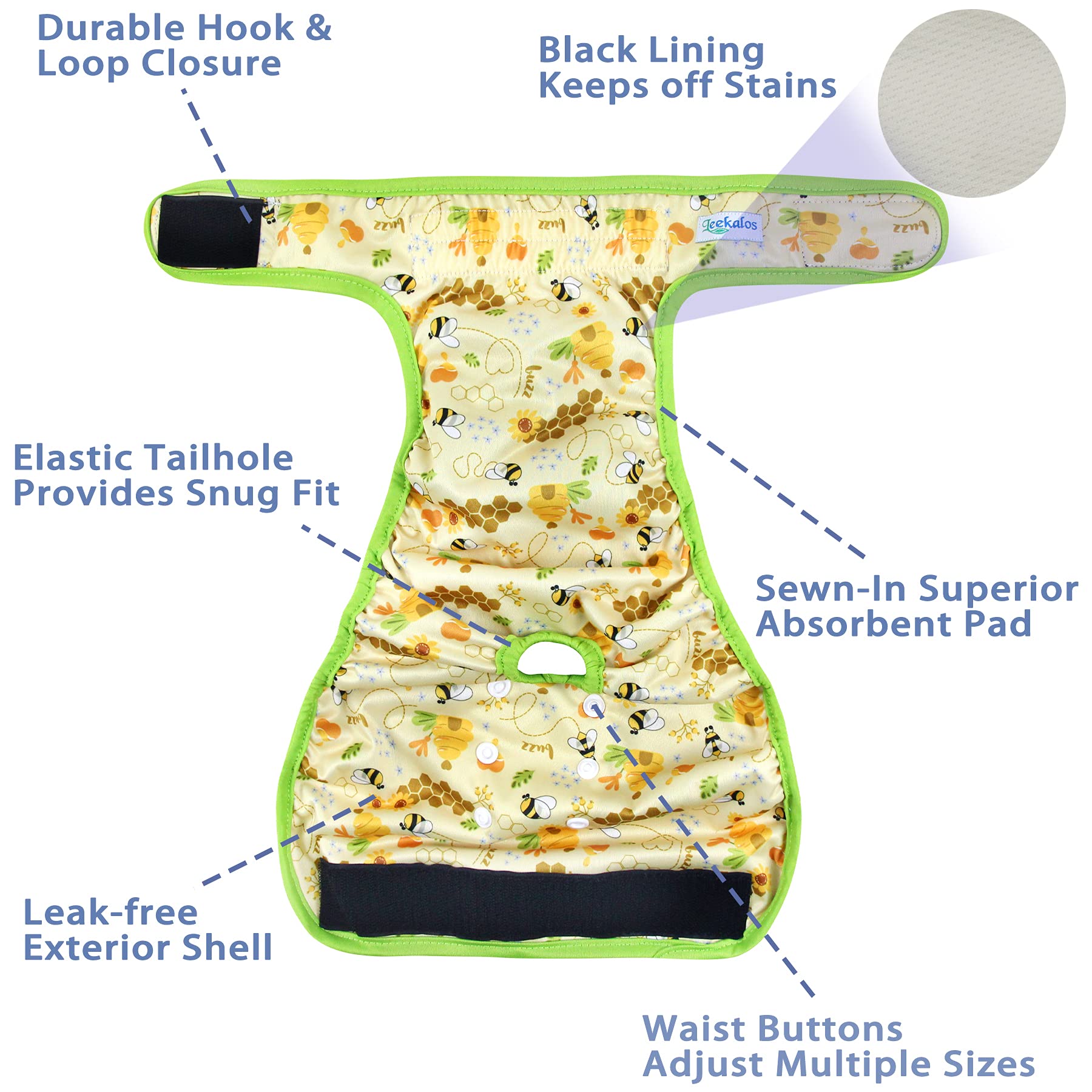 Leekalos reusable dog diapers with velcro closure closeup for quick secure fit without tugging fur.