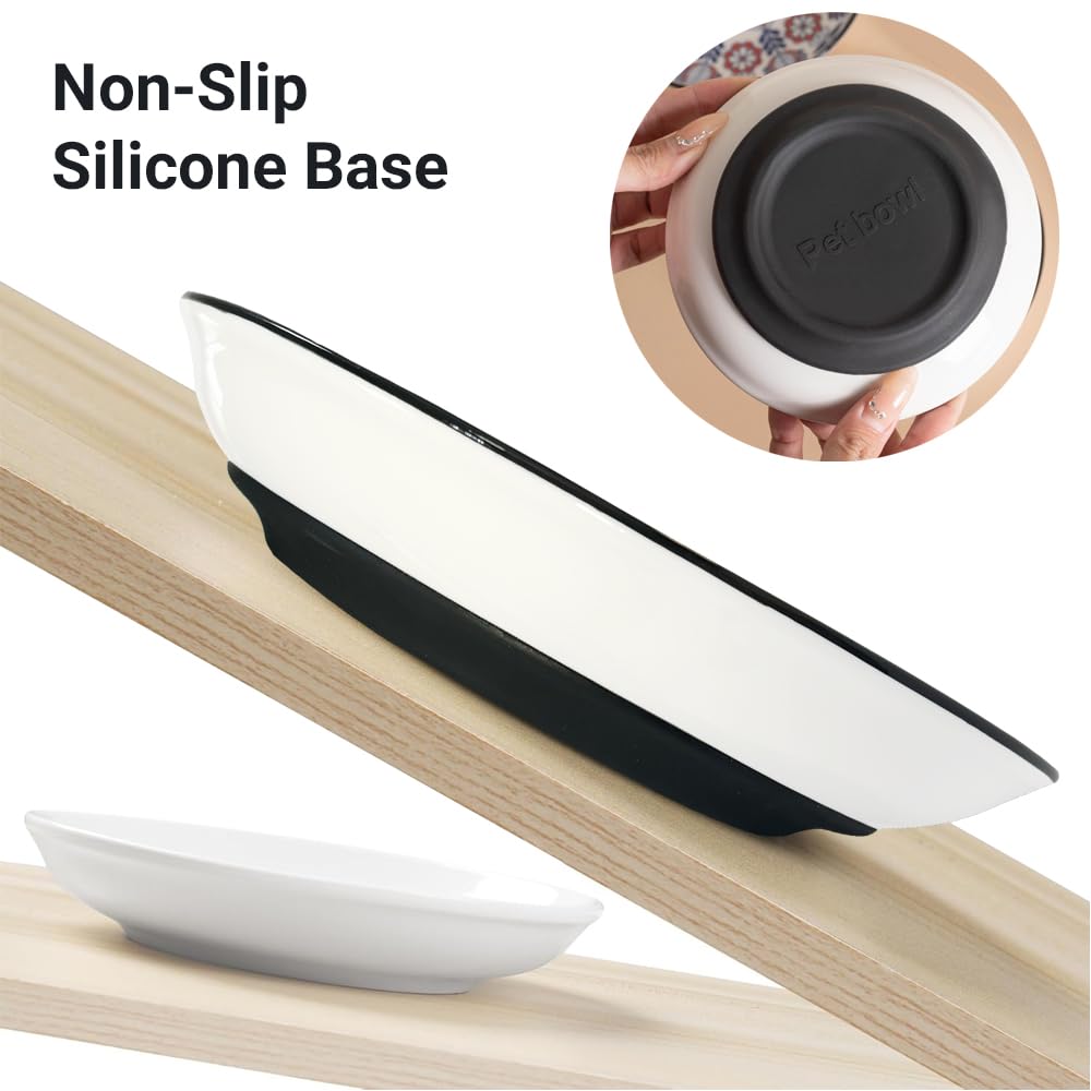 Leewheel ceramic wide bowls five-point-nine-inch diameter support whisker-friendly eating.