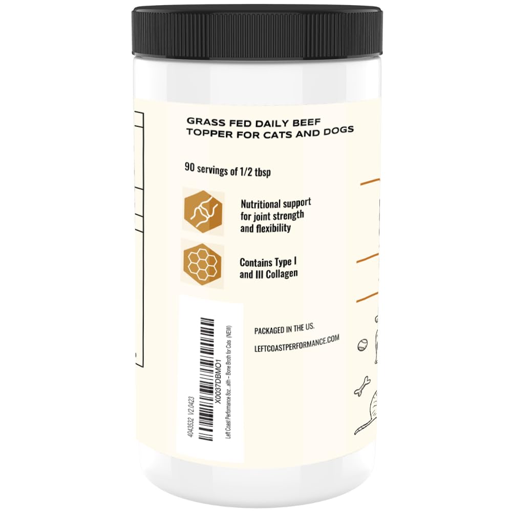 Left Coast Performance bone broth powder label shows human-grade grass-fed beef.