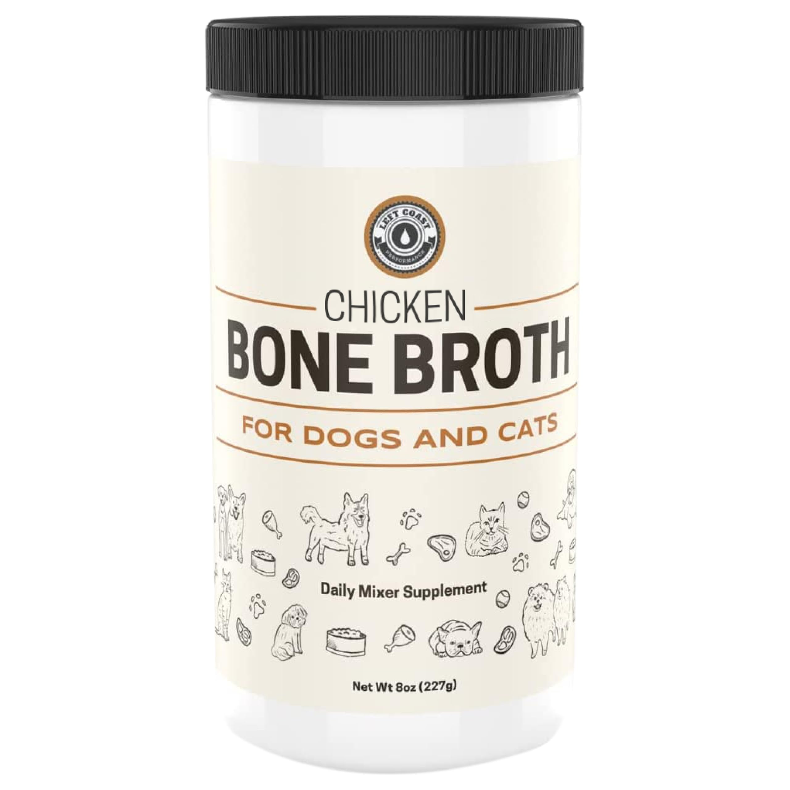 Left Coast Performance bone broth powder poured over kibble for tastier meals.