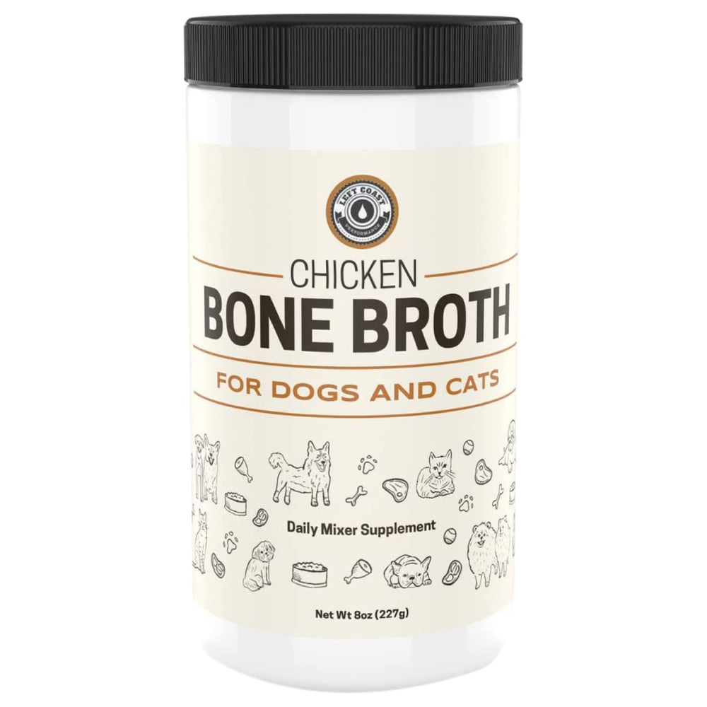 Left Coast Performance bone broth powder poured over kibble for tastier meals.