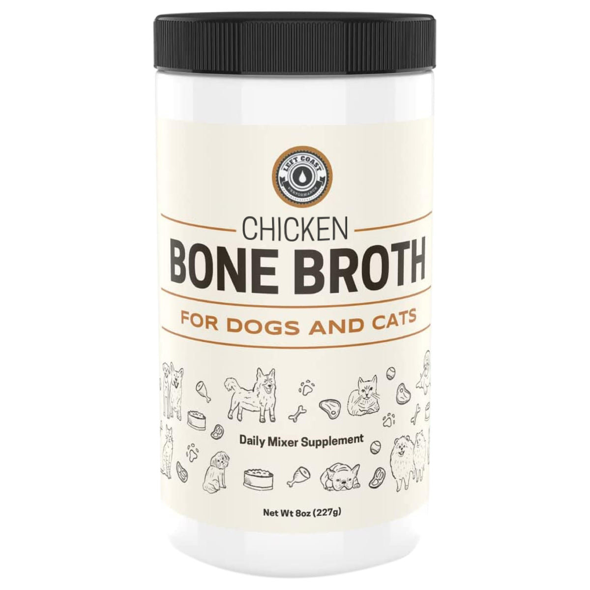 Left Coast Performance bone broth powder poured over kibble for tastier meals.