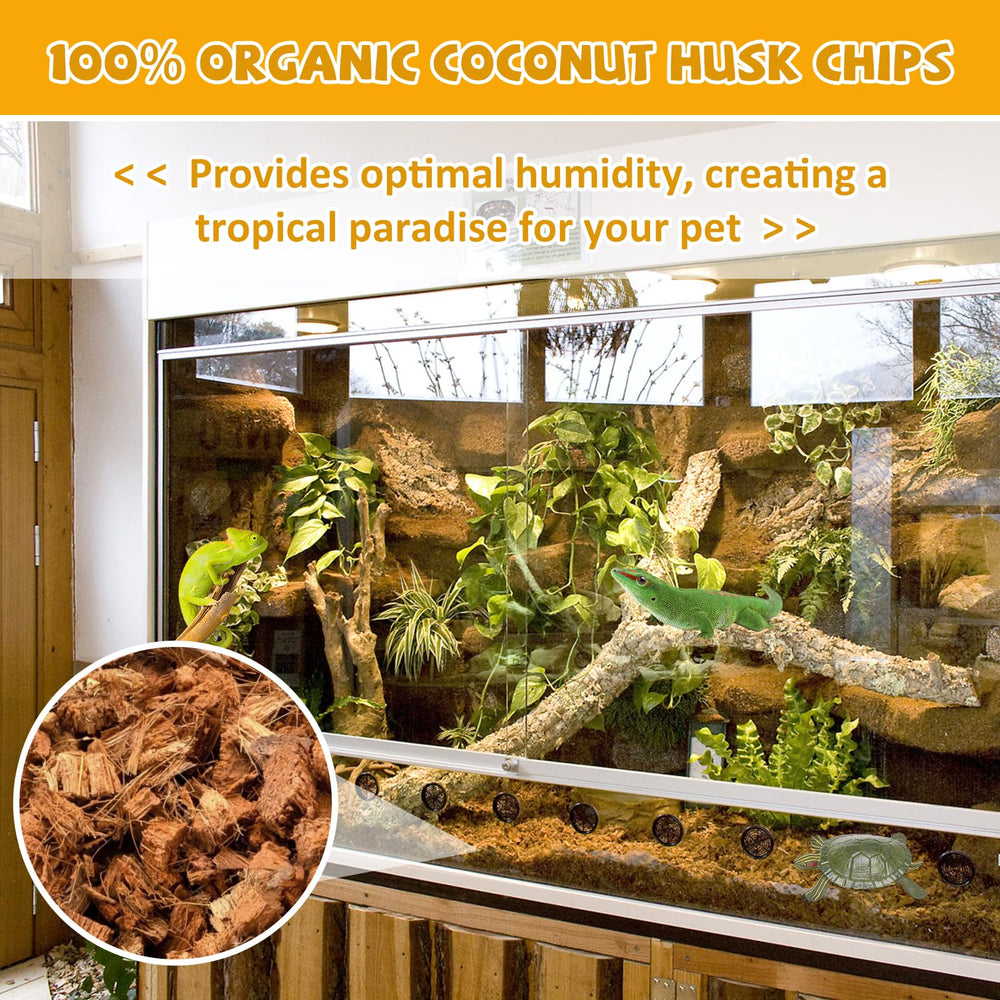Legigo coconut chip substrate maintains humidity and drainage in reptile enclosures.