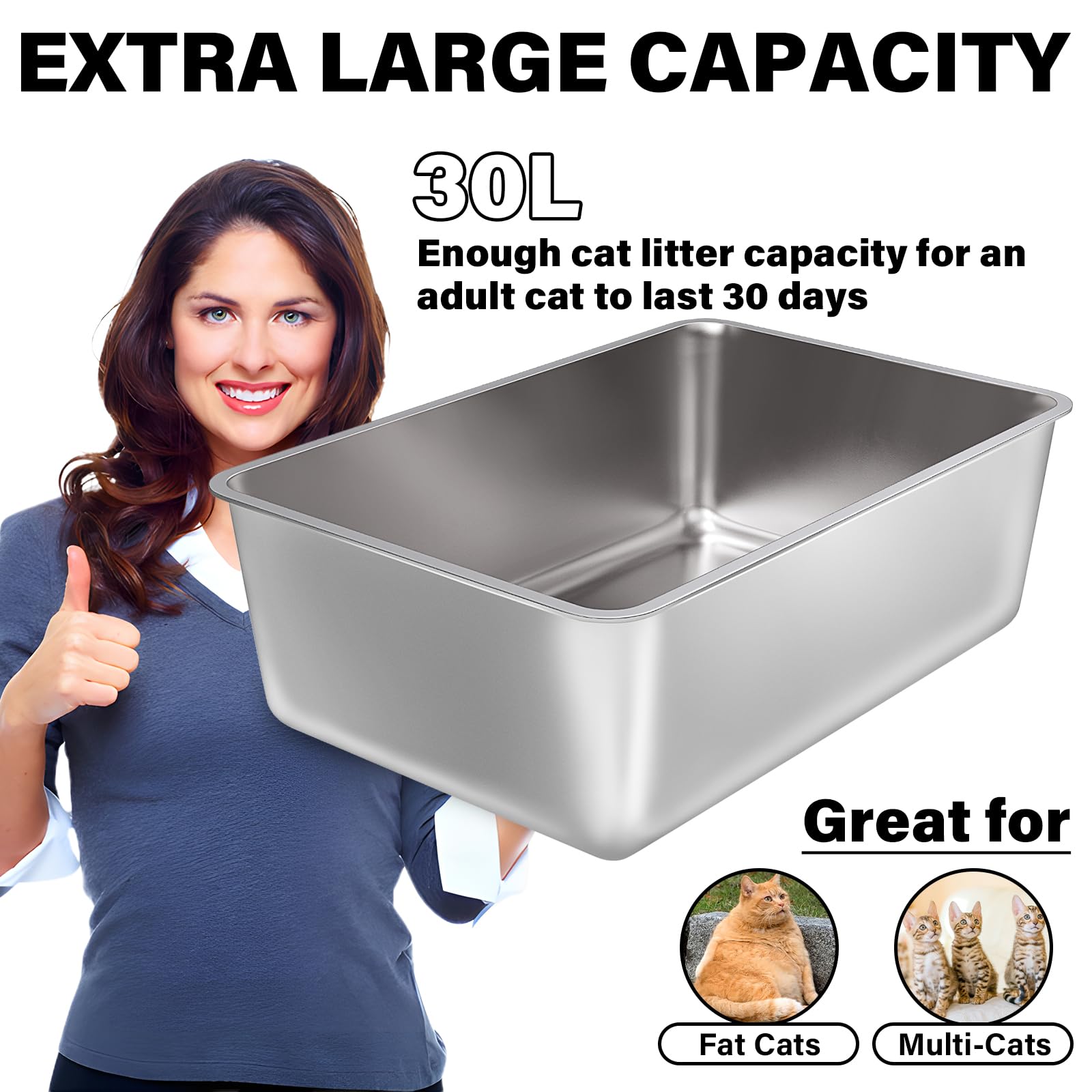 LEGOURNS stainless-steel litter box closeup shows odor-resistant surface for cleaner feel