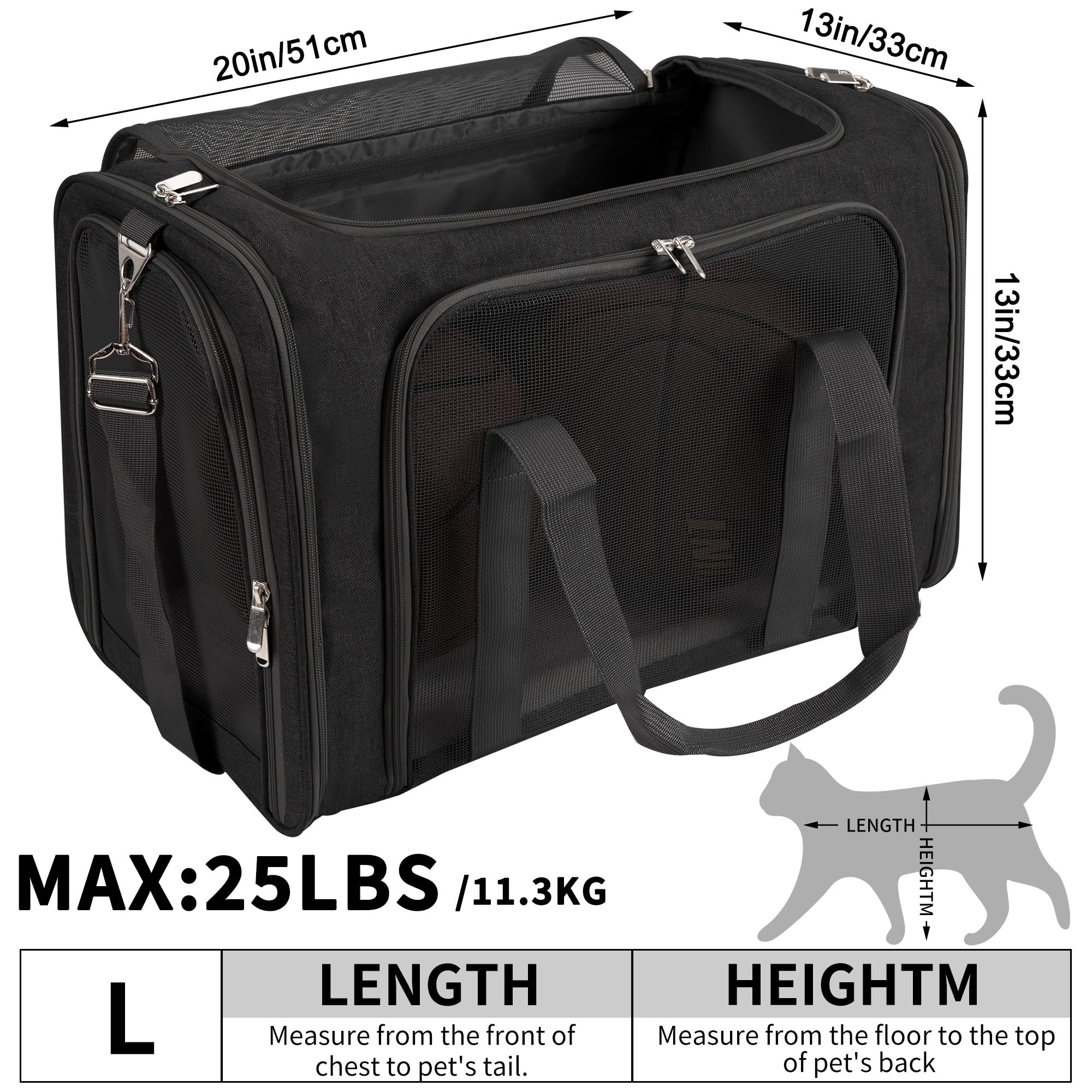 LEHNI soft-sided carrier dimensions 20x13x13 support pets up to 25 lbs.