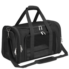 LEHNI soft-sided carrier front pocket for storing toys and treats during travel.