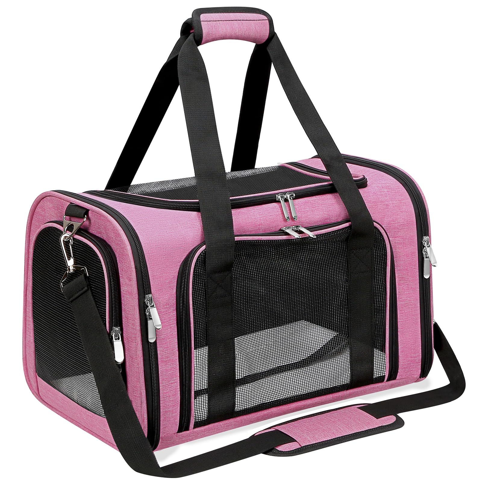 LEHNI pink soft-sided carrier front view with pet for easy travel access