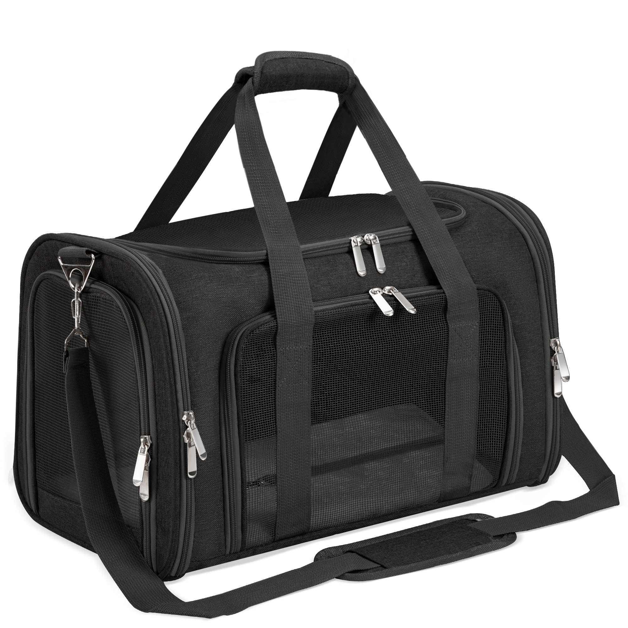 LEHNI soft-sided pet carrier front view emphasizes sturdy frame for safe travel.