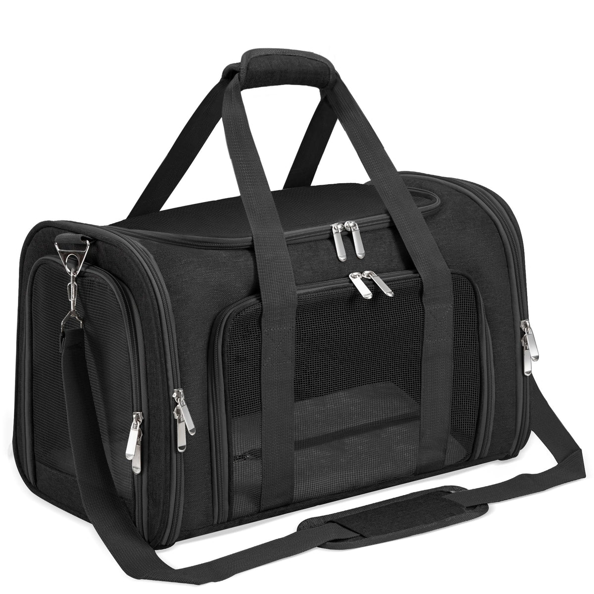 LEHNI soft-sided pet carrier front view emphasizes sturdy frame for safe travel.