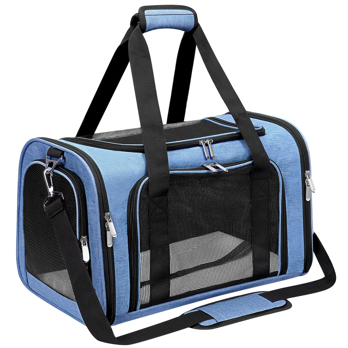 LEHNI soft-sided pet carrier front view for portable travel comfort and visibility.