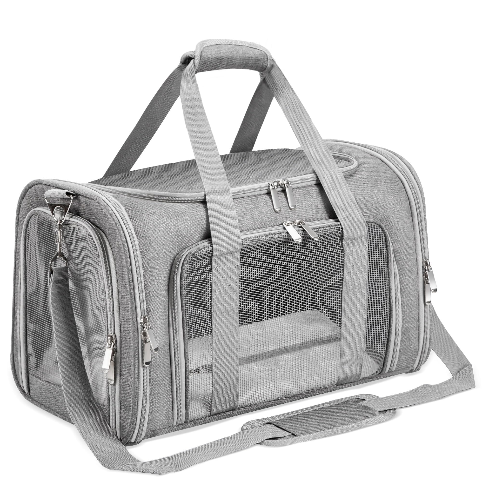 LEHNI soft-sided pet carrier front view, easy to carry on flights and car trips.