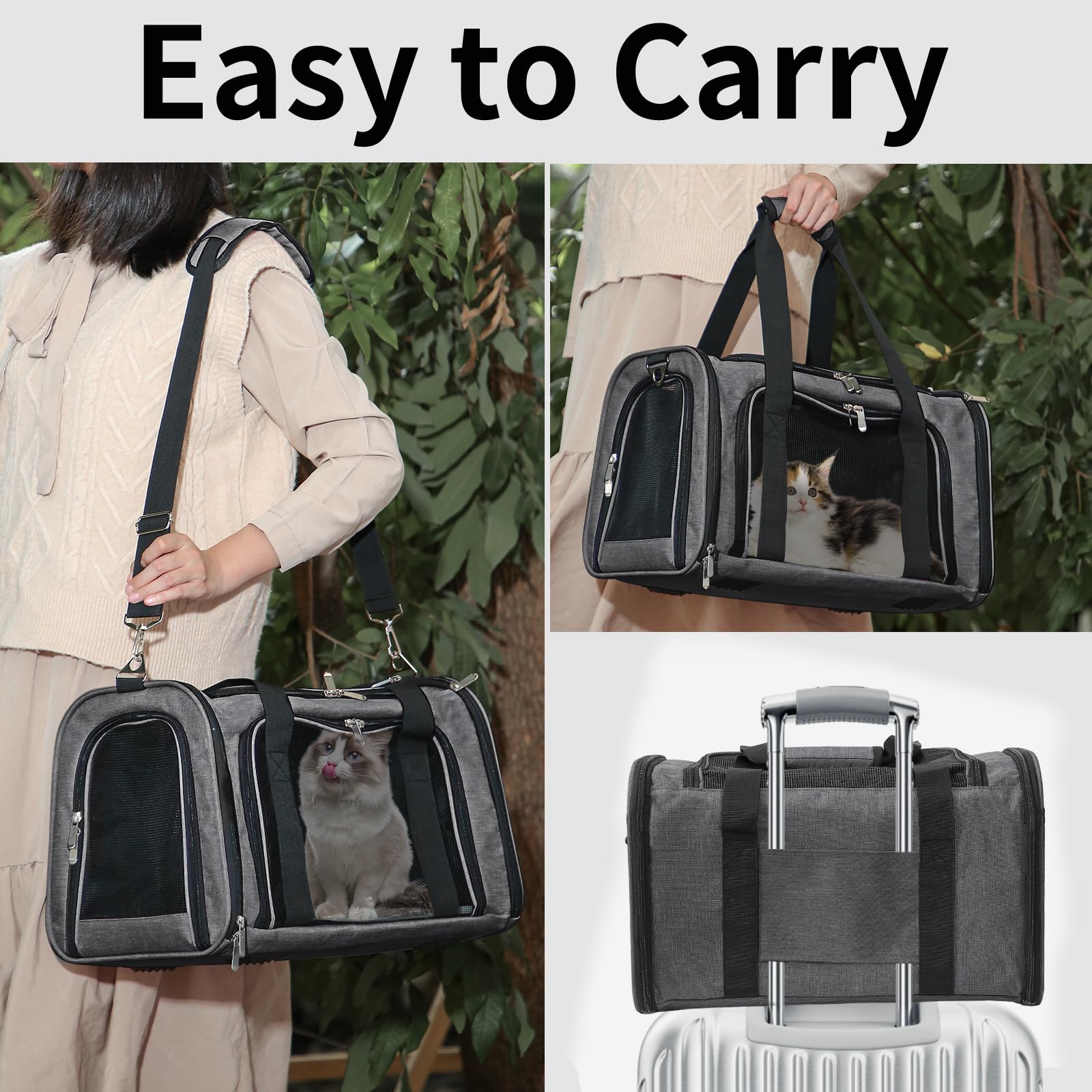 LEHNI soft-sided pet carrier adjustable shoulder strap enables hands-free carrying.
