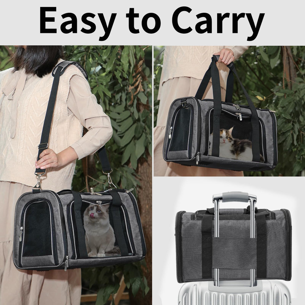 LEHNI soft-sided pet carrier adjustable shoulder strap enables hands-free carrying.