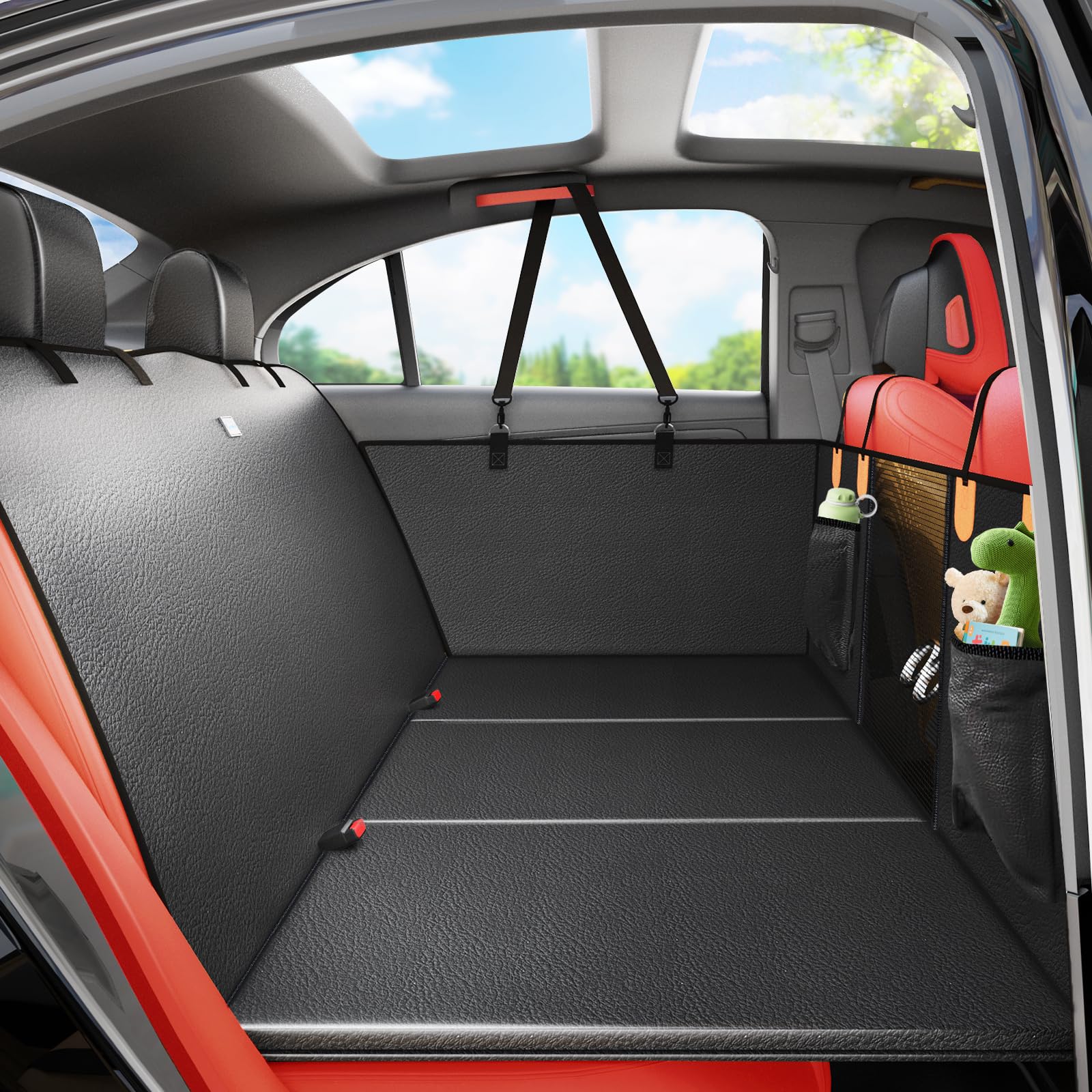 LeHuski dog car seat cover back seat hard bottom, showing sturdy space for large dogs.