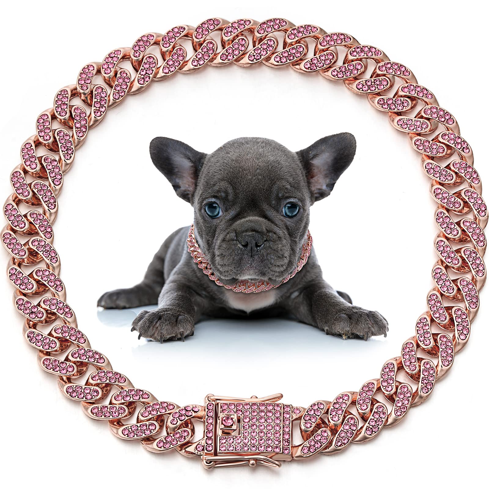 LEIFIDE dog chain collar diamond link 24in rose gold for stylish everyday walks.