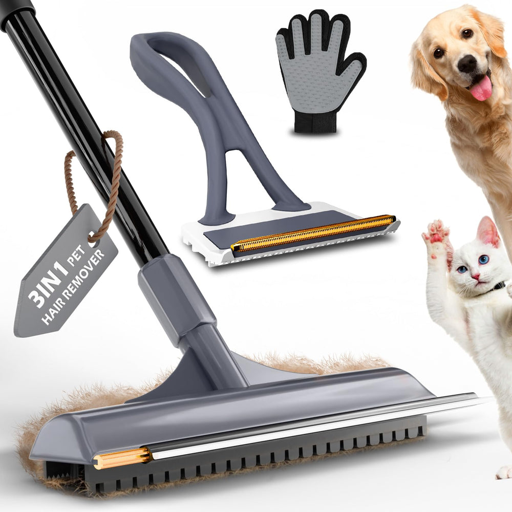 Leishiyen carpet rake with 58-inch handle extends reach for pet hair on a rug