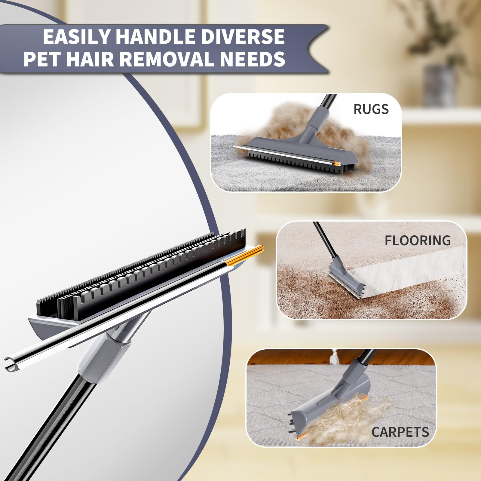 Leishiyen rubber broom on hard floor removes embedded hair with ease