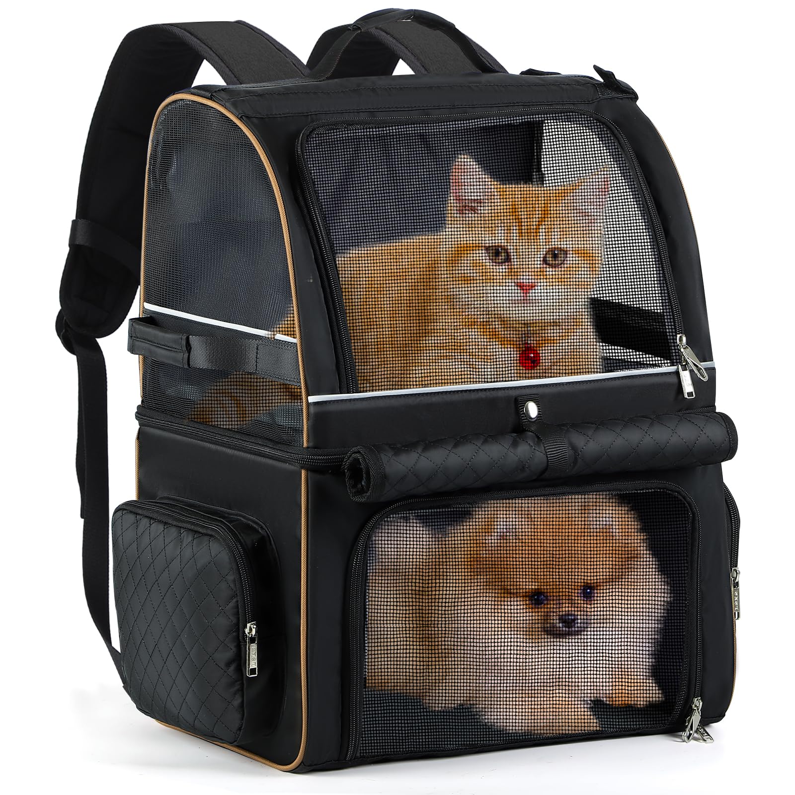 Lekebobor cat backpack carrier front view shows double compartments for two pets and secure design.