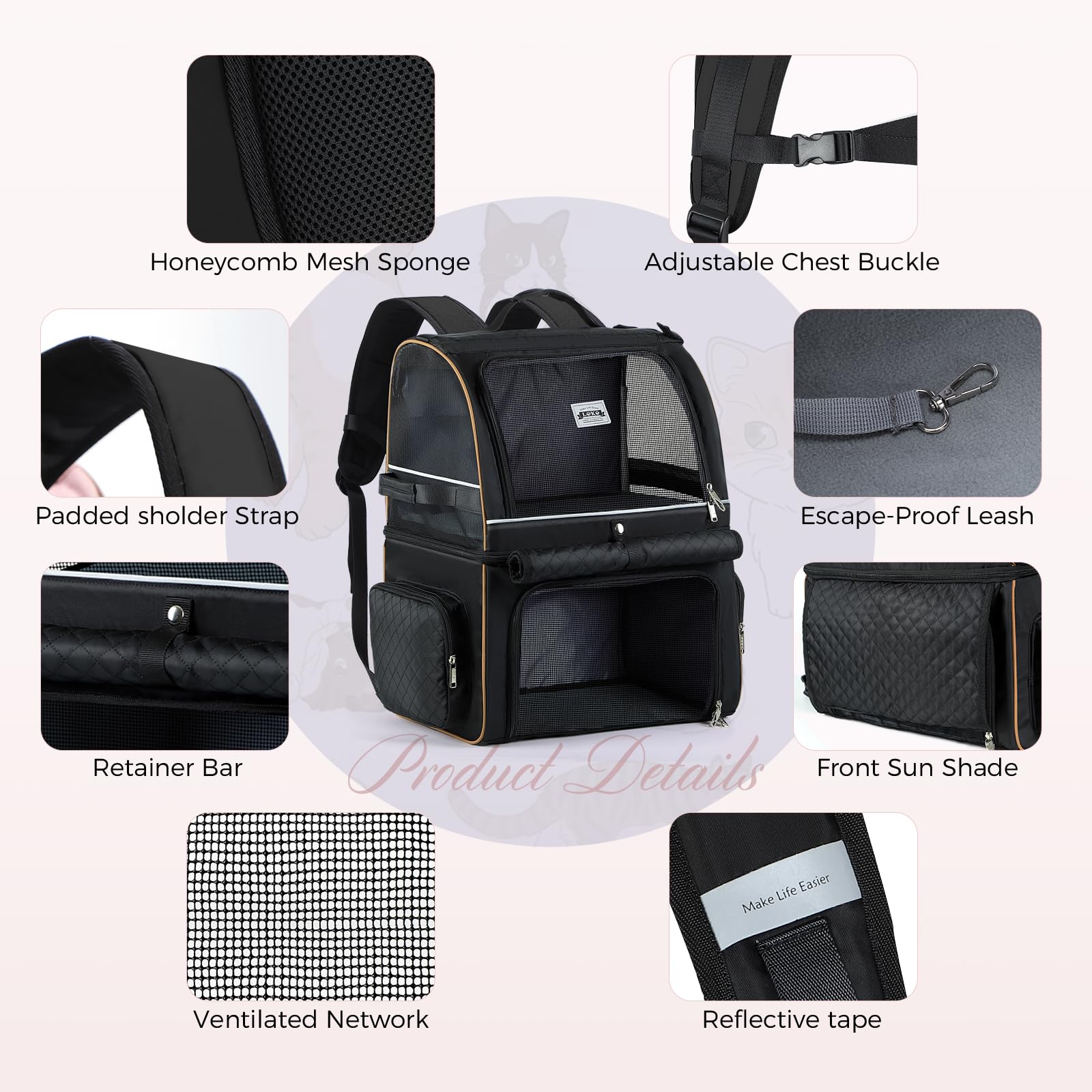 Lekebobor cat backpack carrier durable frame with support rods ensures lasting use.