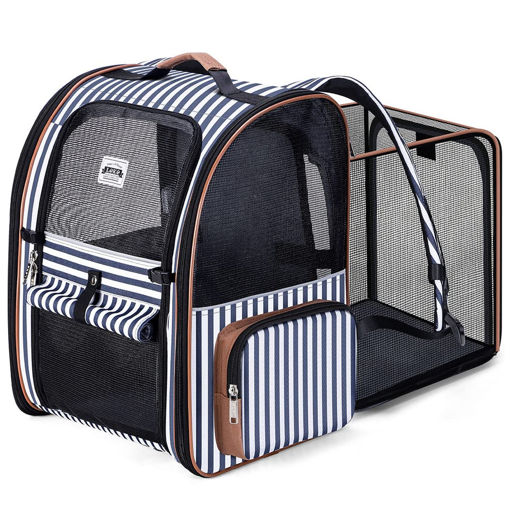Lekebobor large striped cat backpack outer view showing travel-ready durability.