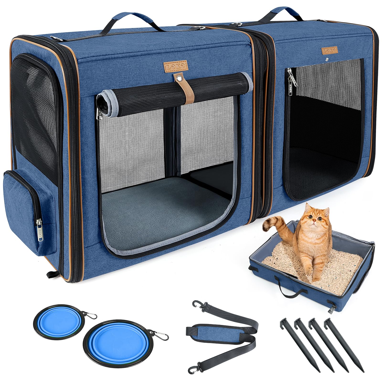 Lekereise 2-in-1 cat travel carrier blue with litter box for easy travel and potty breaks.