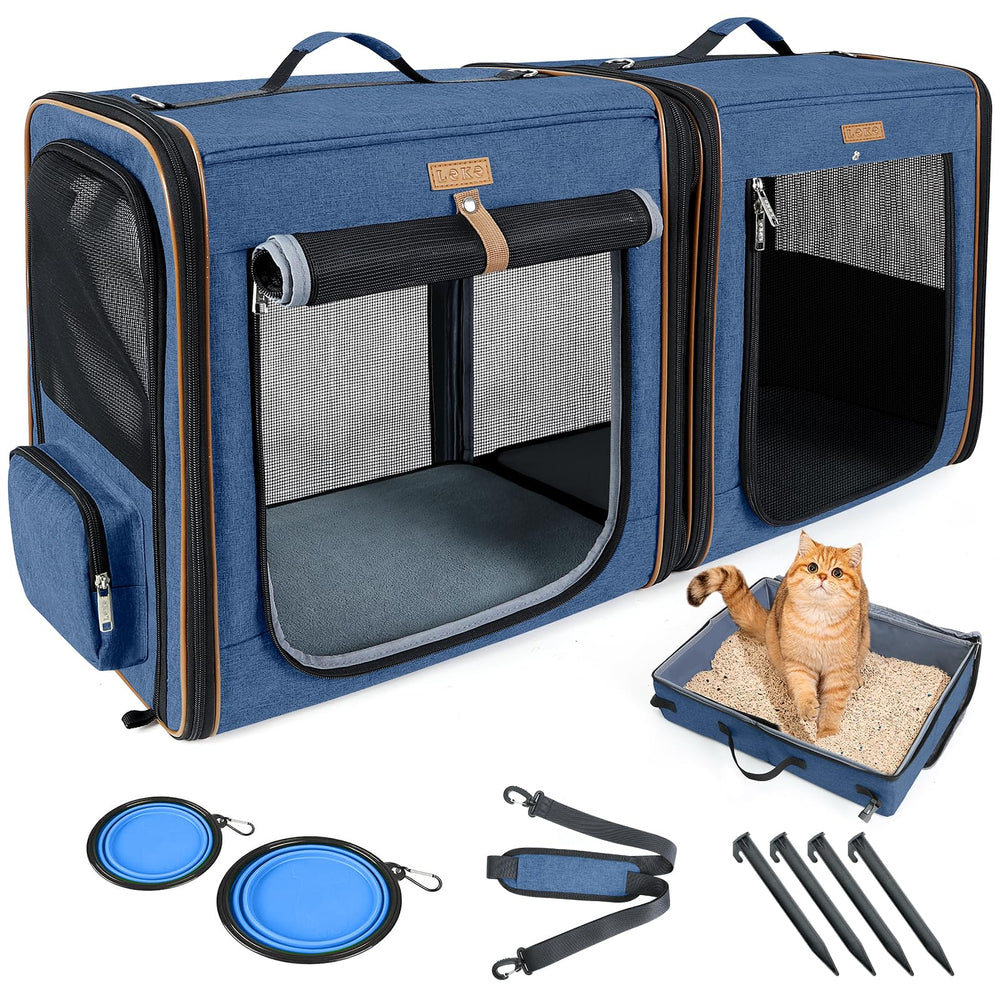 Lekereise 2-in-1 cat travel carrier blue with litter box for easy travel and potty breaks.